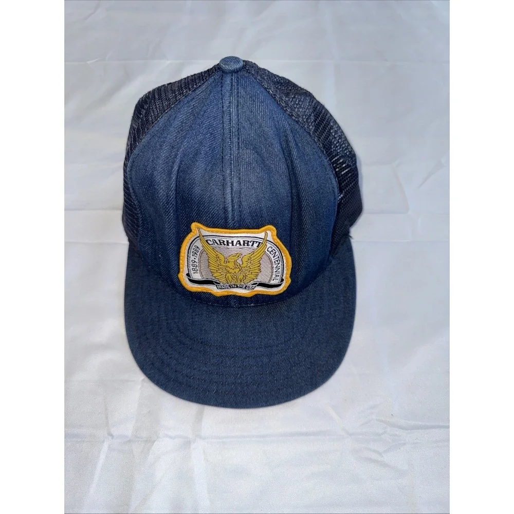 Vintage Carhartt Hat Blue Denim Centennial Patch SnapBack Cap USA 1989